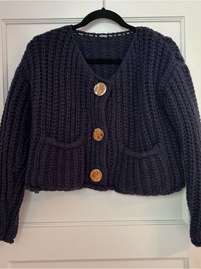 Chunky Knit Button-Front Women's Sweater Cardigan - Navy